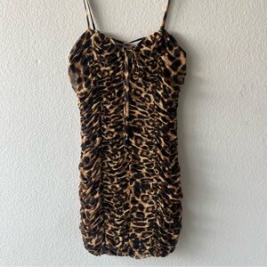 Leopard Animal Print Brown and Black Bodycon Mini Dress Spaghetti Strap Small
